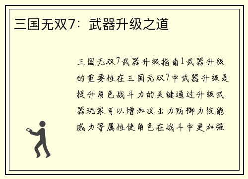 三国无双7：武器升级之道